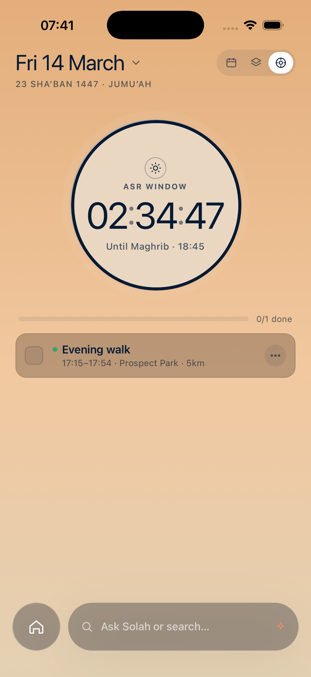 Solah focus view — current prayer window countdown with the tasks waiting on it
