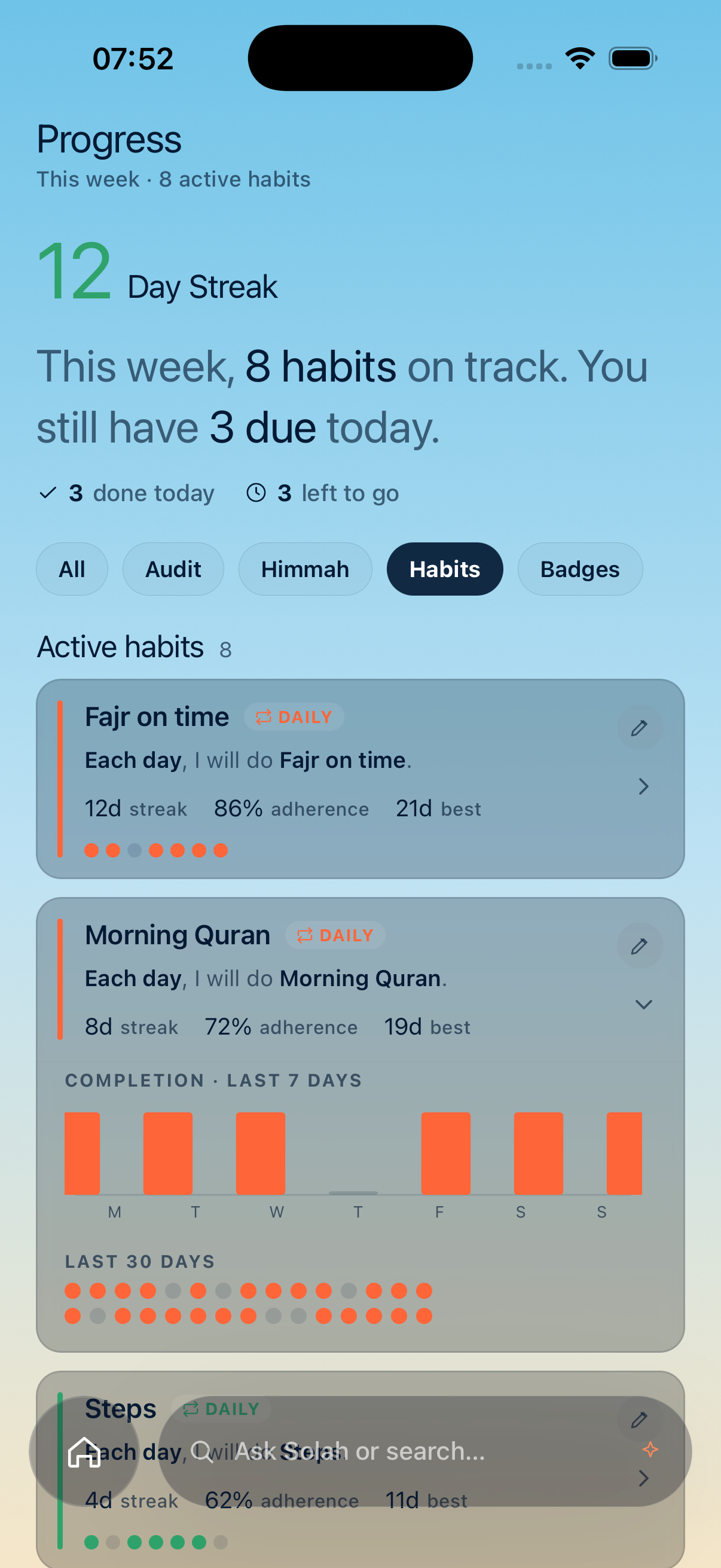 Solah habits expanded — daily completion grid and adherence over time