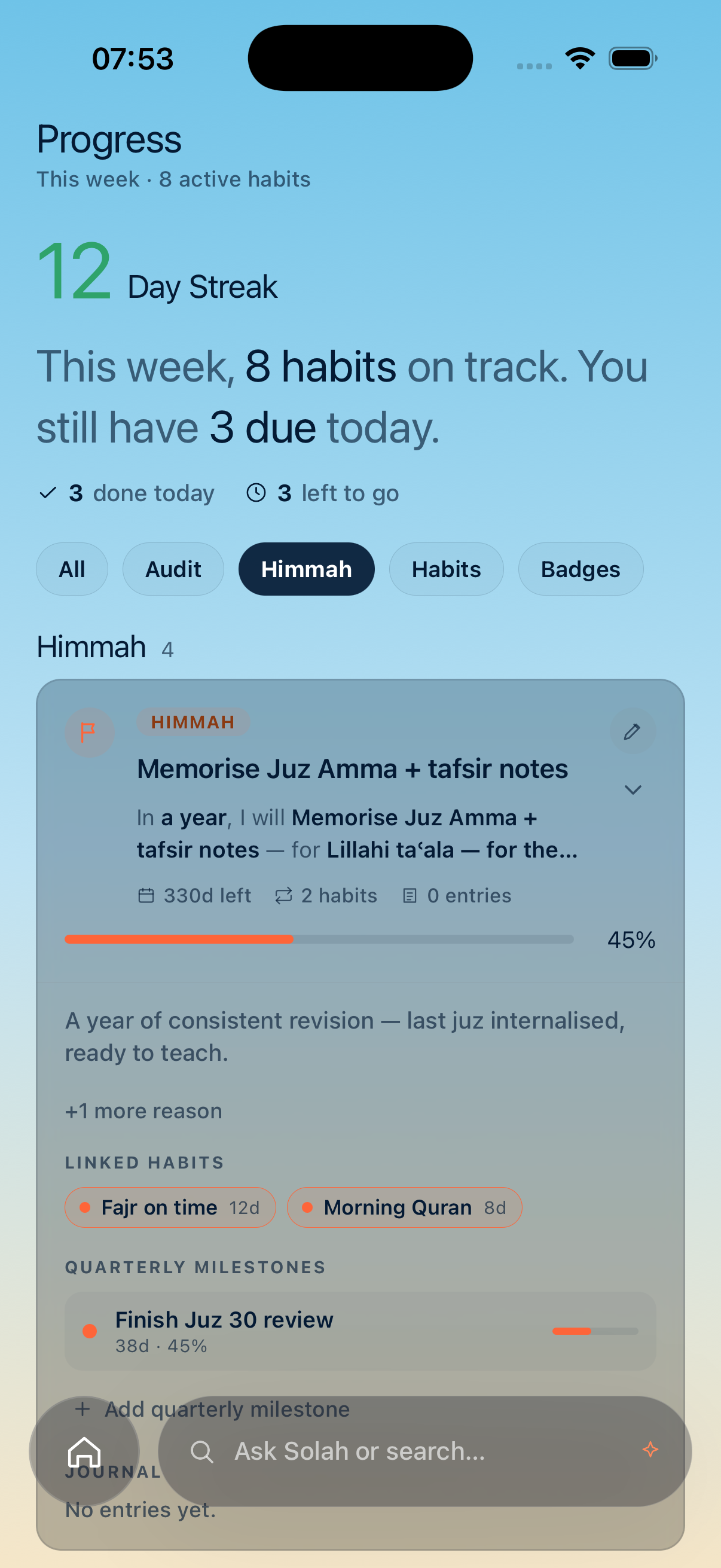 Solah goal expanded — himmah view with linked habits and milestones