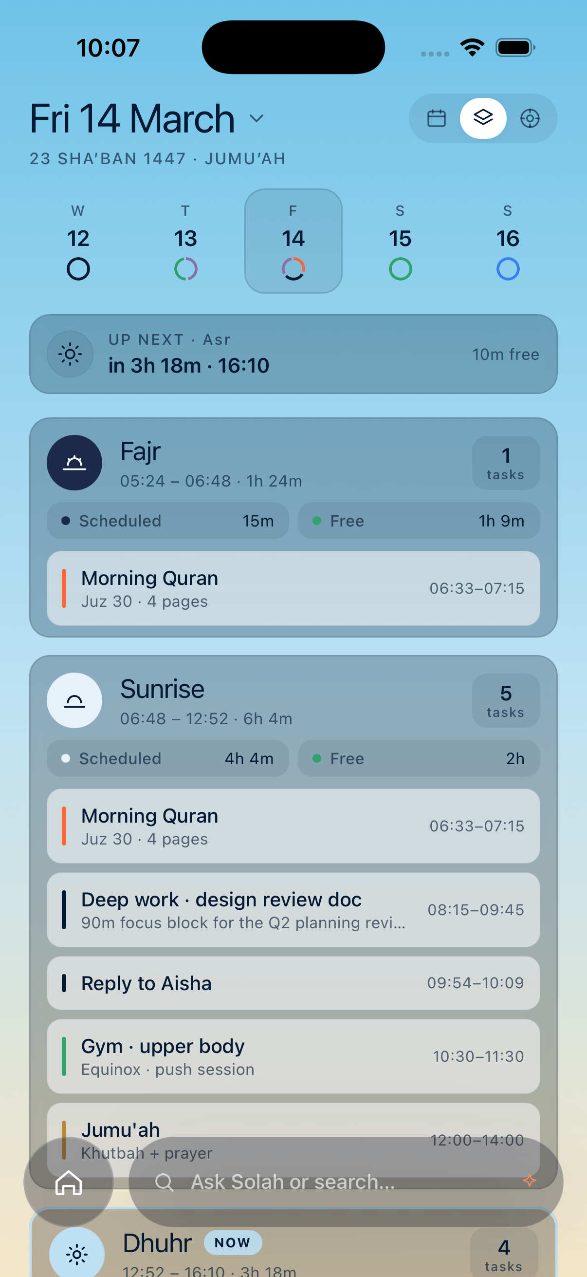 Solah grouped view — tasks segmented by prayer window